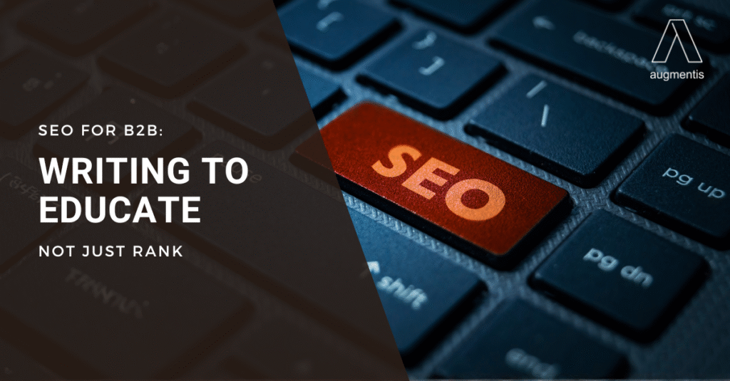 Illustration of a B2B marketer creating educational seo content to build trust and authority