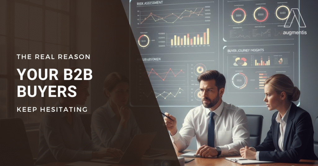 Realistic scene of professionals analysing B2B buyer anxiety and decision risks during a meeting