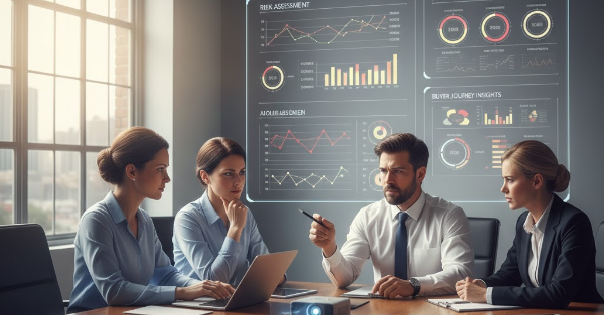 Realistic scene of professionals analysing B2B buyer anxiety and decision risks during a meeting