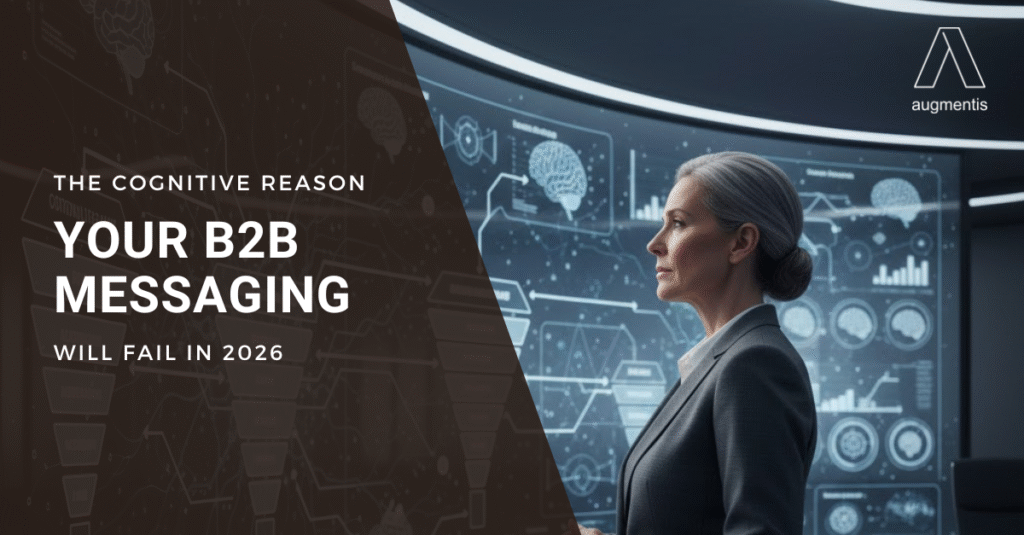Illustration of professionals analysing B2B messaging for 2026 using cognitive decision insights