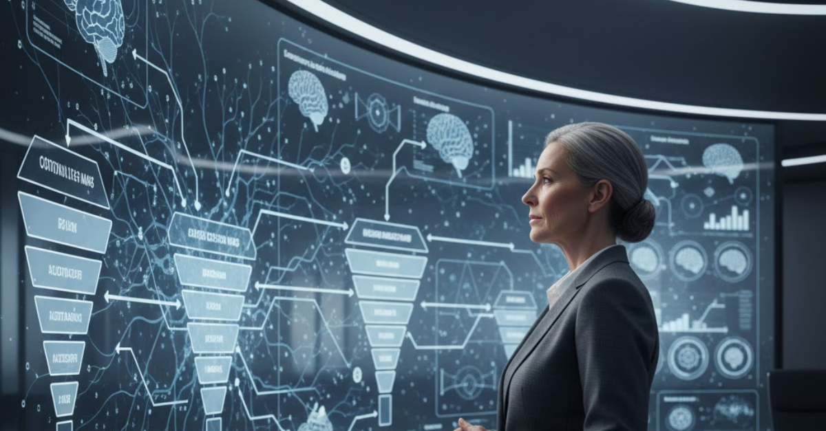 Illustration of professionals analysing B2B messaging for 2026 using cognitive decision insights