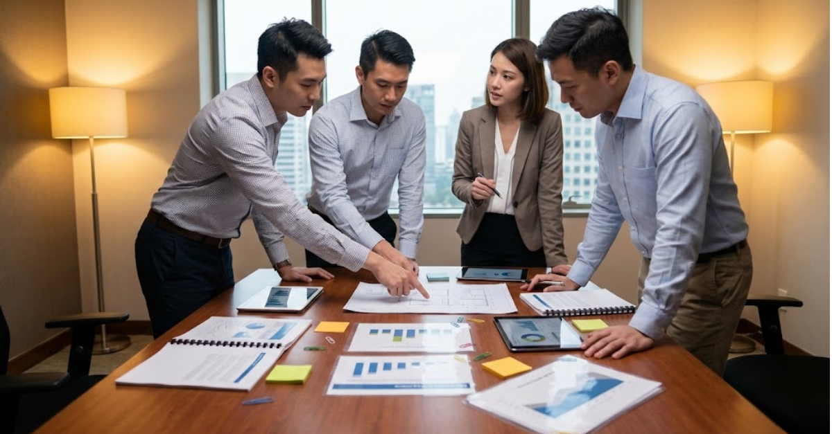 Executives reviewing enterprise b2b marketing collateral during decision analysis